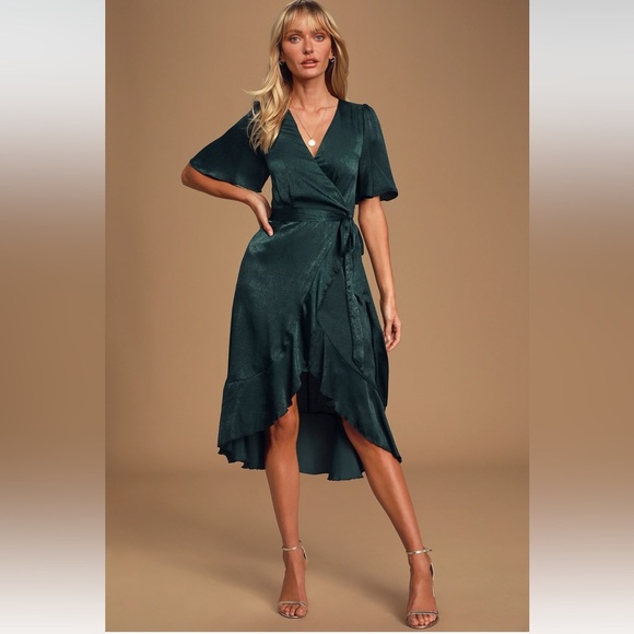 Lulus Wrapped Up in Love Dark Green Satin Faux Wrap Midi Dress Size Medium - Picture 1 of 7